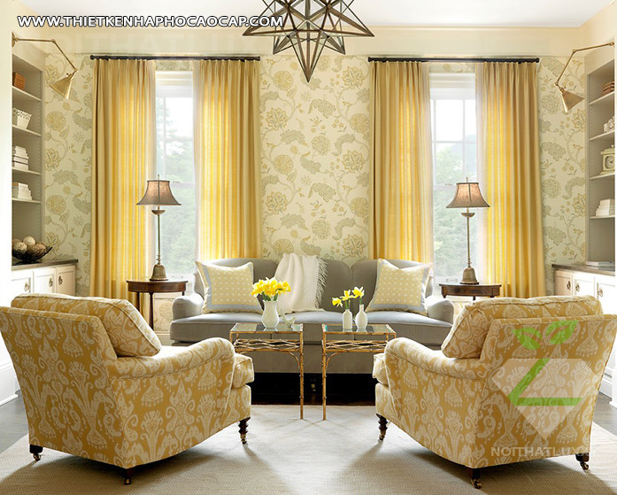 bề ngoài nội thất nhà phố sang trọng với tông màu vàng sáng